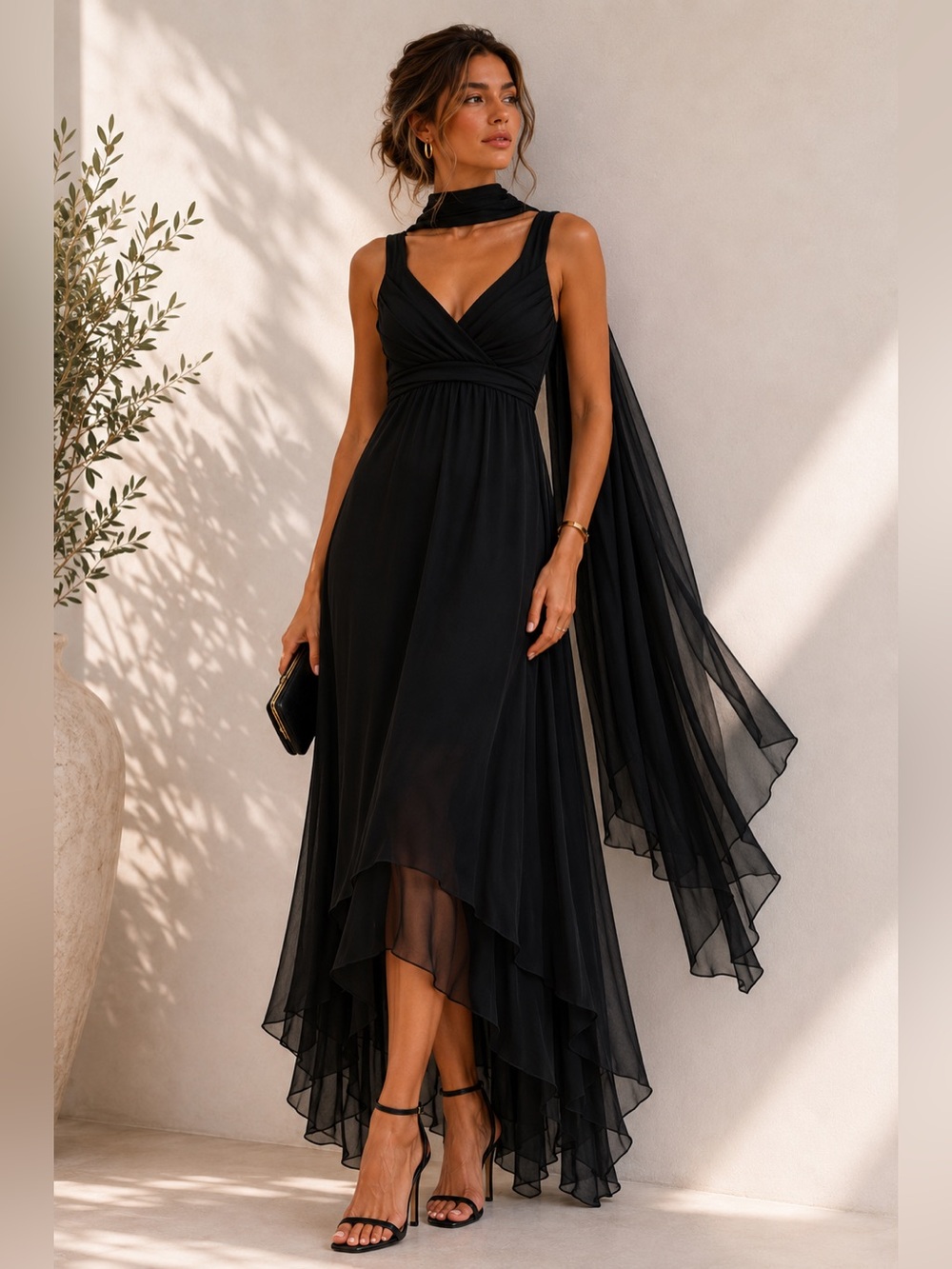 Trixxi Vintage Black Slip Dress with Pleated Bodice‎ and Beaded Scarf Sz. M